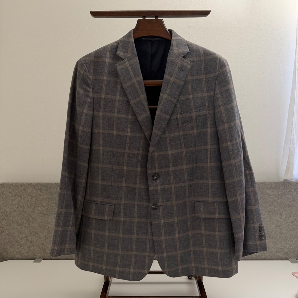 Jos A Bank 1905 Tailored Fit Grey Plaid Linen Wool Sport Coat Blazer 46R brrr